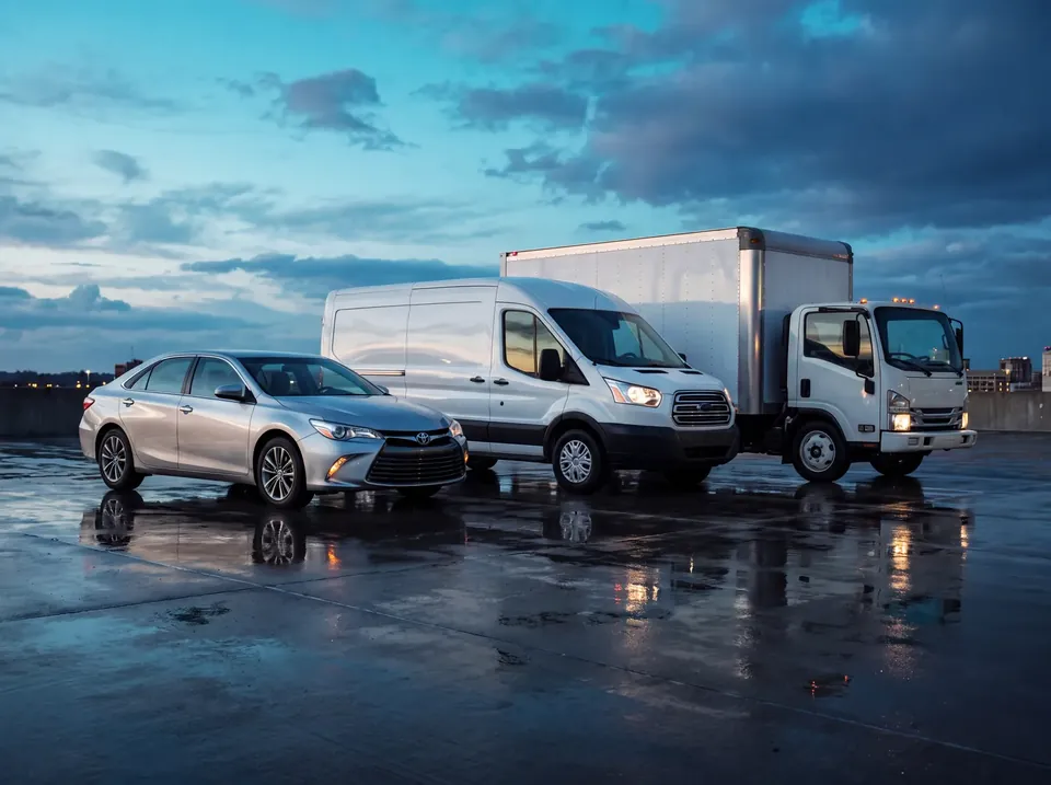 Carro, van e caminhão leve da mesma empresa alinhados no pátio