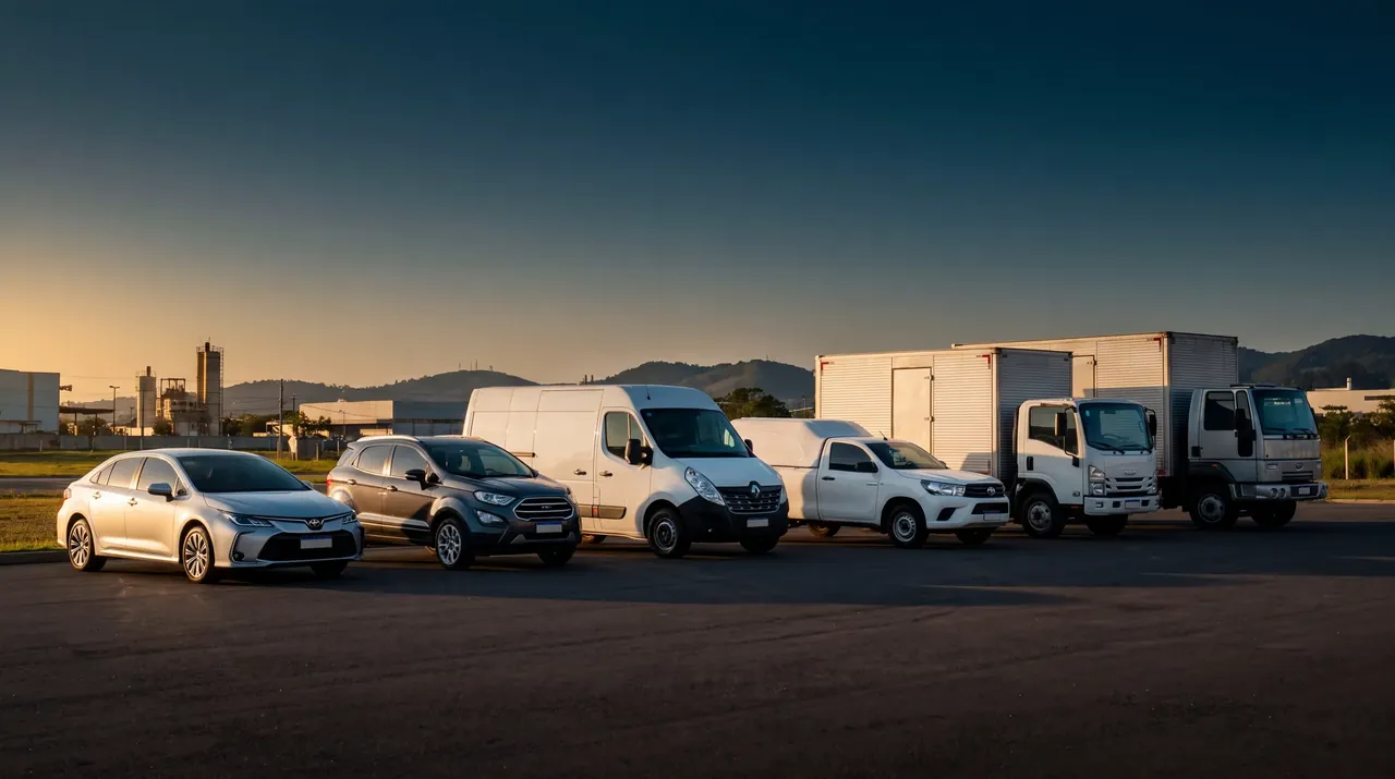 Pátio com frota mista: sedan, SUV, van, pickup e caminhões alinhados ao fim da tarde